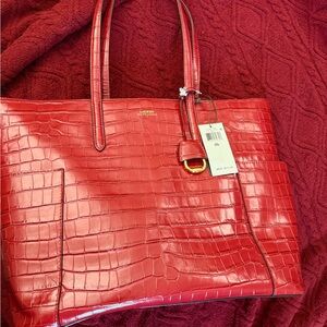 Ralph Lauren Red Croc-Embossed Tote Bag new with tags